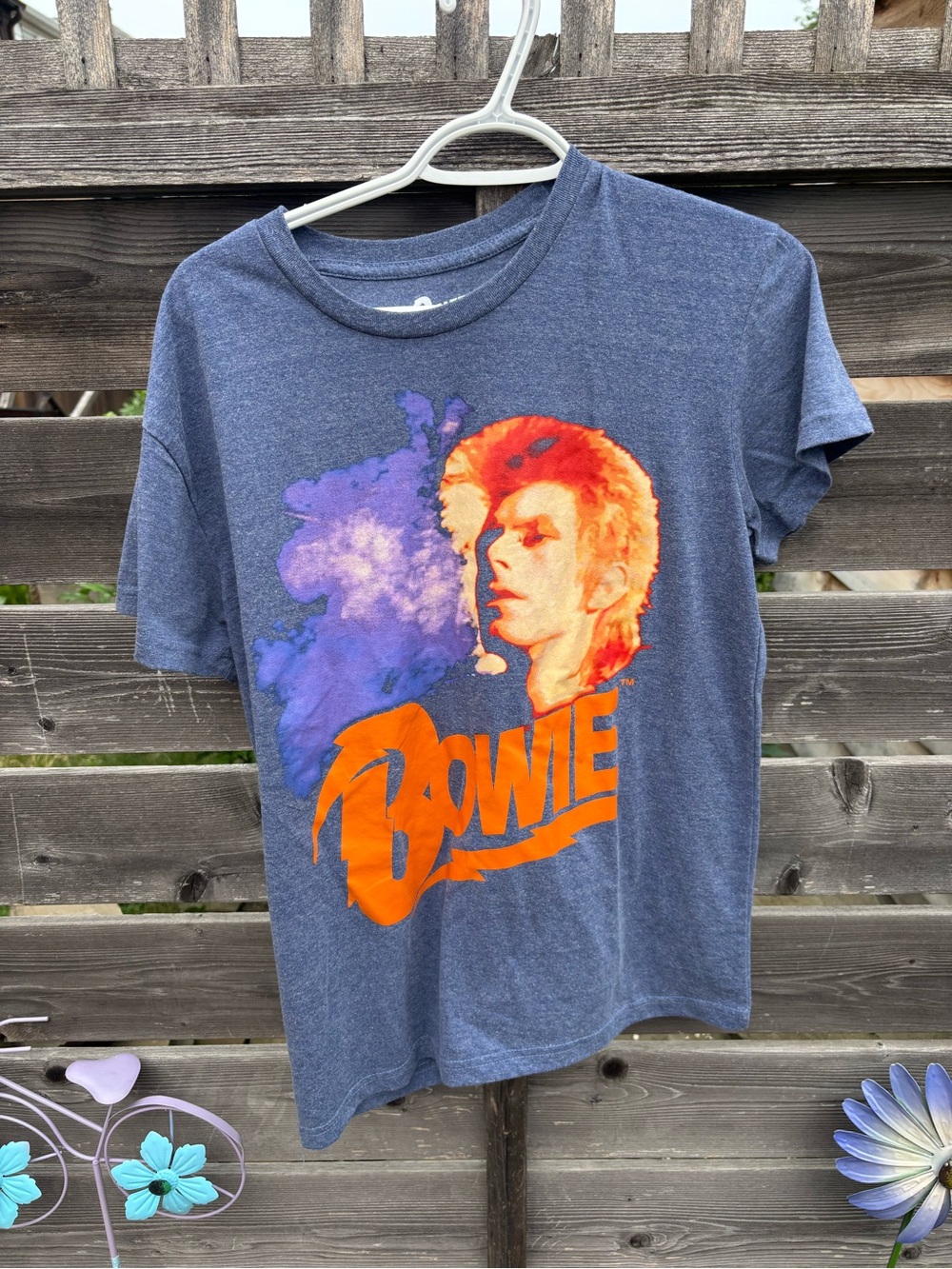 David Bowie Graphic Tee in Heather Navy with Orange & Purple Print